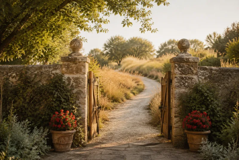 Open wooden garden gates frame a winding path through golden grass, with red flowers beside the stone posts.