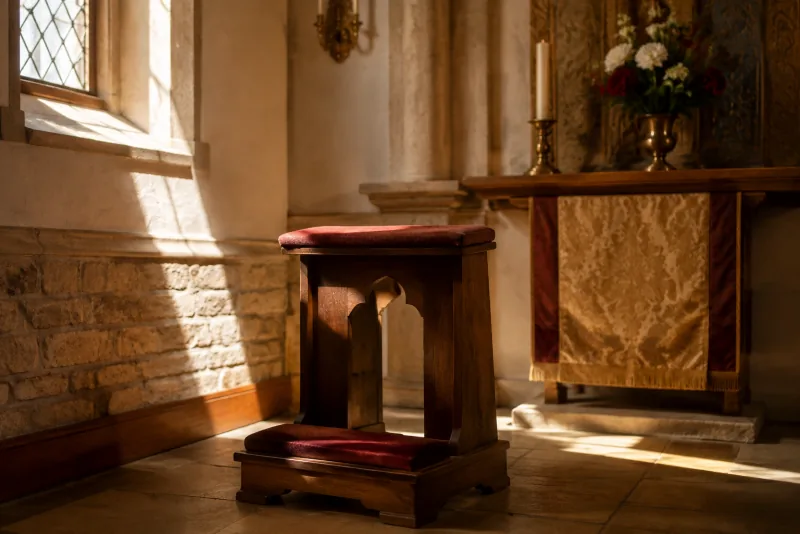 Morning sunlight falls on a wooden kneeler with red cushions near a chapel window.