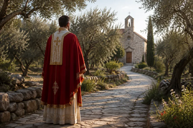 A man in red and ivory vestments stands on a stone path through an olive grove, facing a modest chapel.
