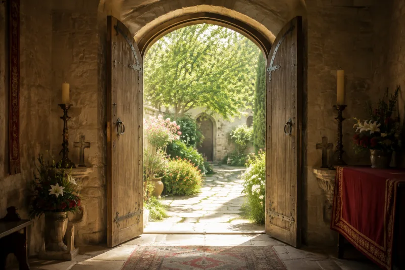 Open wooden church doors frame a sunlit garden path bordered by flowering plants, with candles and flowers inside.