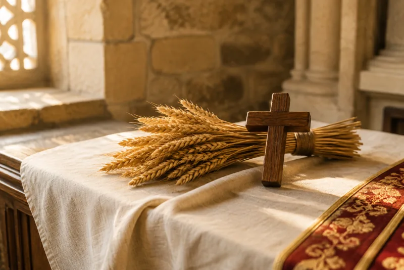 A small wooden cross rests beside a tied sheaf of golden wheat on ivory linen in warm chapel light.