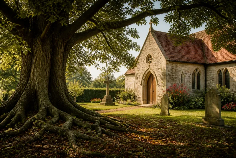The spreading roots and leafy branches of a large tree shade a stone church and quiet churchyard.