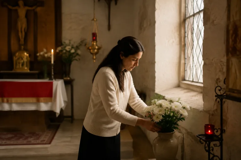 A woman arranges white flowers in a ceramic vase beside a chapel window and a glowing red votive candle.