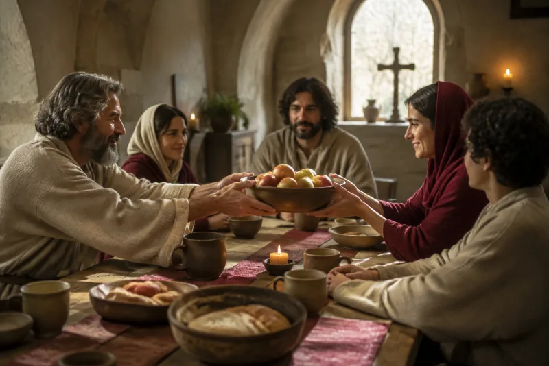 A man and woman pass a bowl of apples across a shared wooden meal table while others sit nearby.