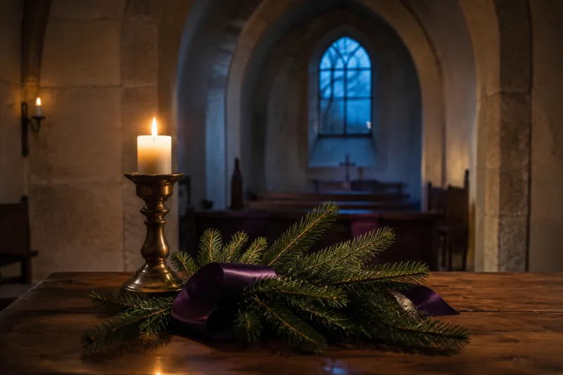 Evergreen branches and a purple ribbon lie beside a lit candle in a brass holder in a quiet chapel.