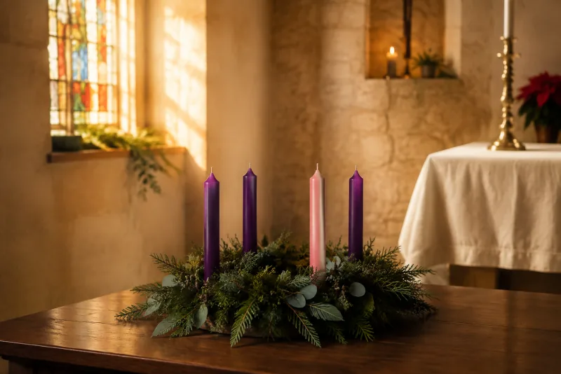 An evergreen Advent wreath holds three purple candles and one rose candle, all unlit, on a wooden table.