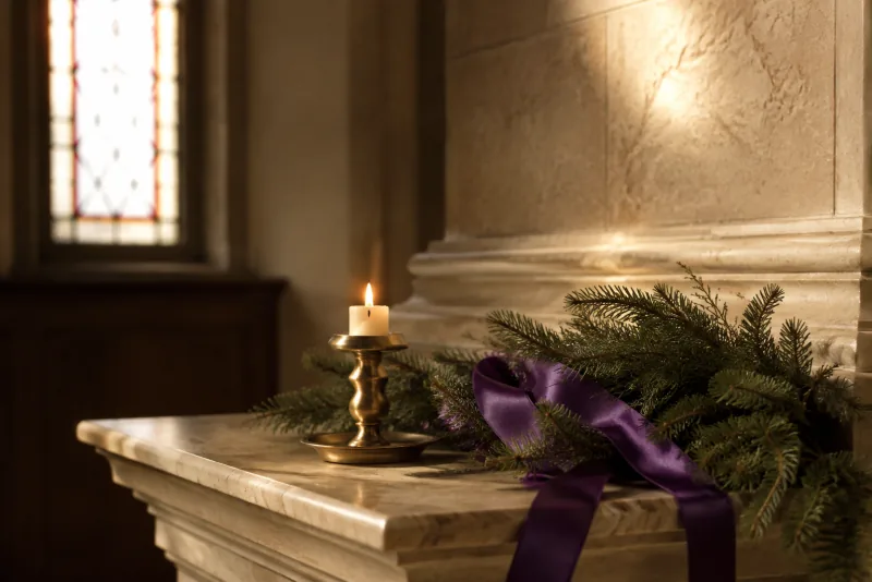 A small candle in a brass holder stands beside evergreen branches and a purple ribbon on a stone ledge.