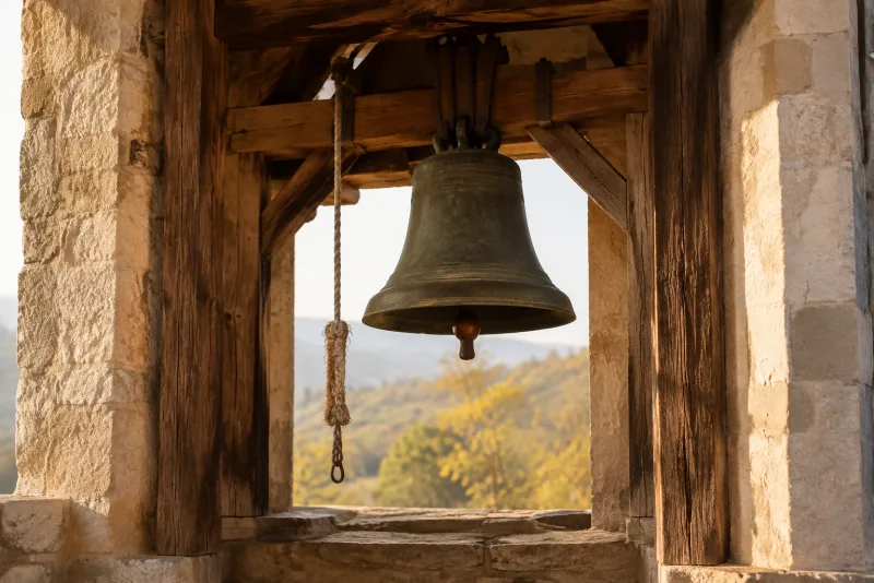 A bronze church bell and worn rope hang between timber beams in a sunlit stone belfry.