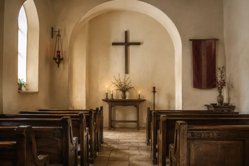 Rows of wooden pews lead toward a plain cross above a simple candlelit table in a quiet chapel.