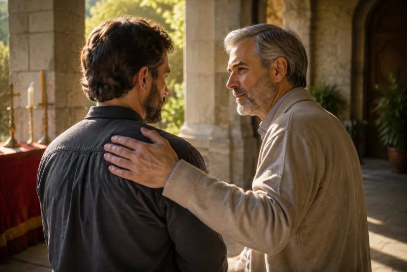 An older man rests a reassuring hand on a younger man's shoulder on a sunny stone parish porch.