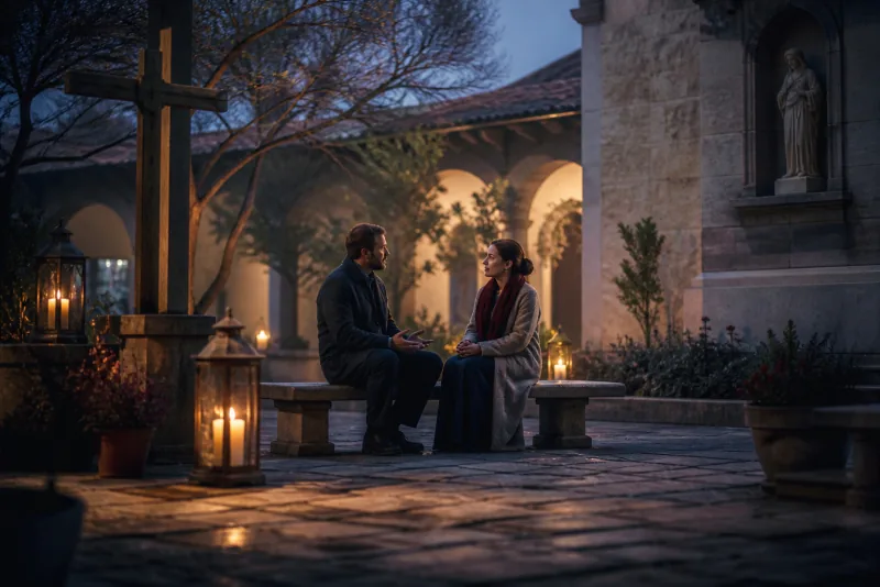 A man and woman talk on a stone church courtyard bench amid warm candle lanterns at dusk.