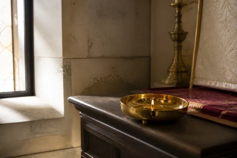 A small candle flame reflects in a round brass holder on a dark wooden shelf beside a chapel window.