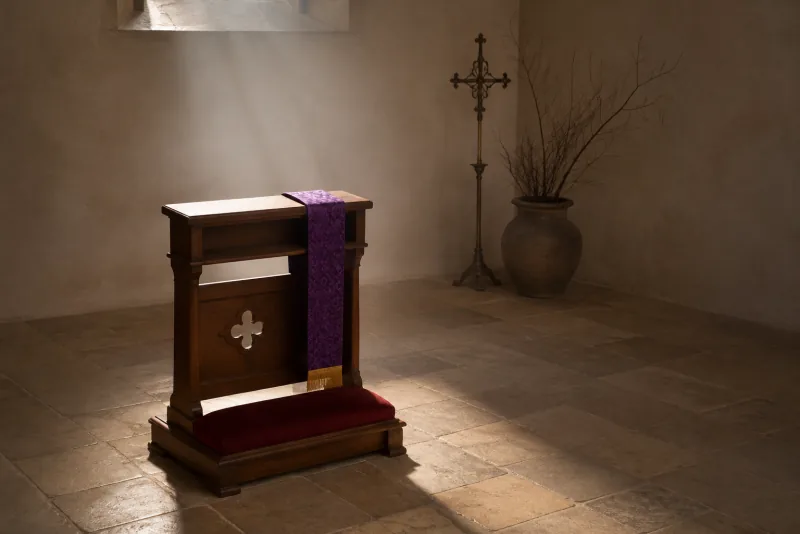 A wooden chapel kneeler with a violet cloth and red cushion stands in a narrow shaft of window light.