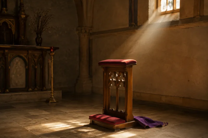 A narrow shaft of sunlight illuminates a wooden chapel kneeler with a folded violet cloth beside it.