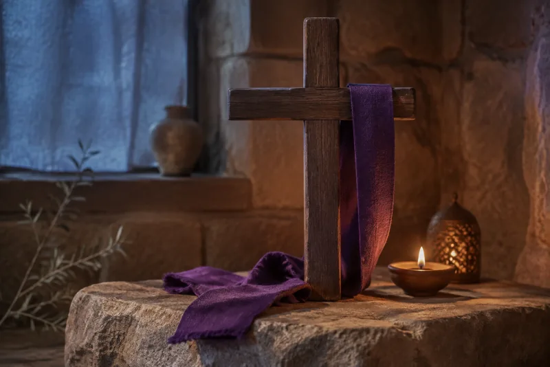 A wooden cross draped with purple fabric stands on sandstone beside a small flame and a blue-lit window.