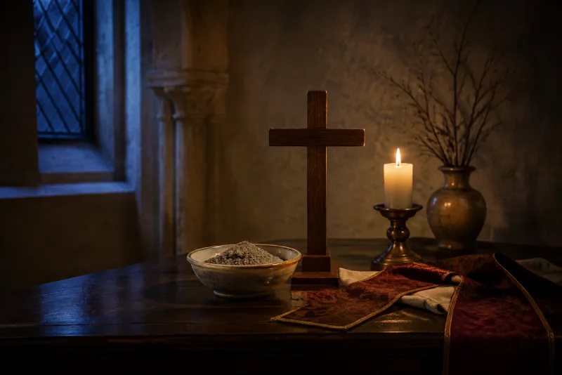 A bowl of gray ashes sits beside a plain wooden cross and a lit candle on a dark church table.