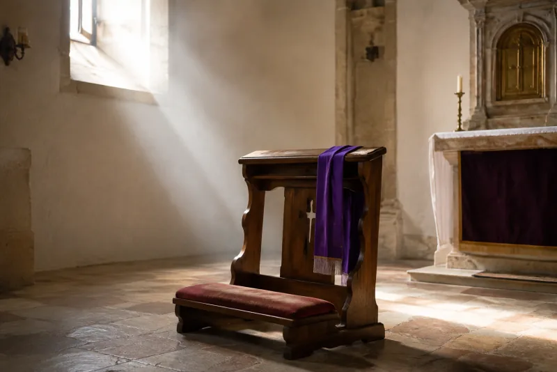 Morning light falls onto a wooden chapel kneeler draped with violet cloth beside a small altar.