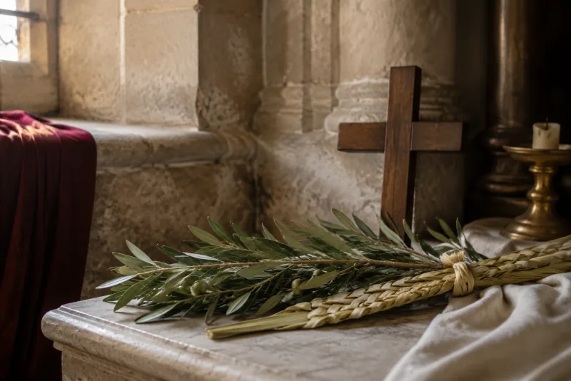 An olive branch and braided palm rest on a stone ledge before a wooden cross near a chapel window.