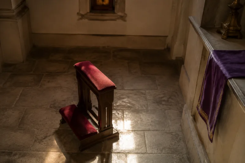 A red-cushioned wooden kneeler catches afternoon light on a chapel's stone floor beside a violet altar cloth.