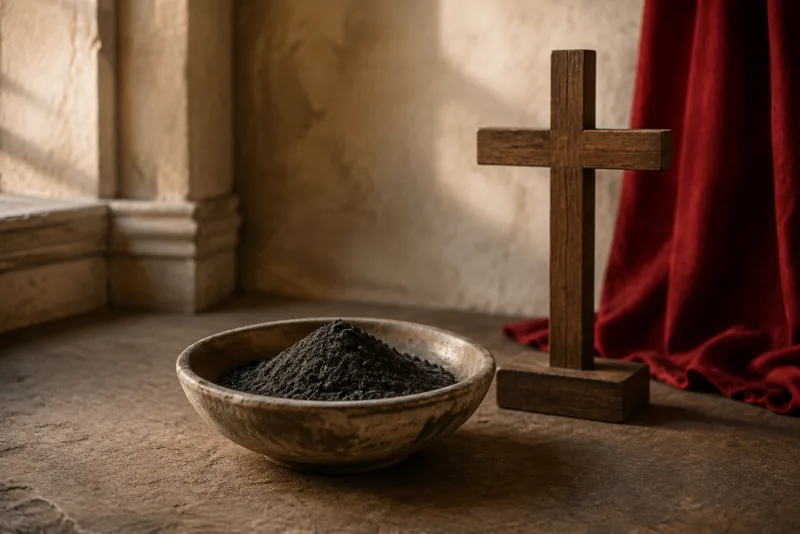 A shallow bowl of dark ashes sits beside a simple upright wooden cross and red drapery in soft window light.