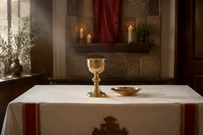 A gold chalice and plain paten stand fully visible on ivory altar linen in a softly lit stone chapel.