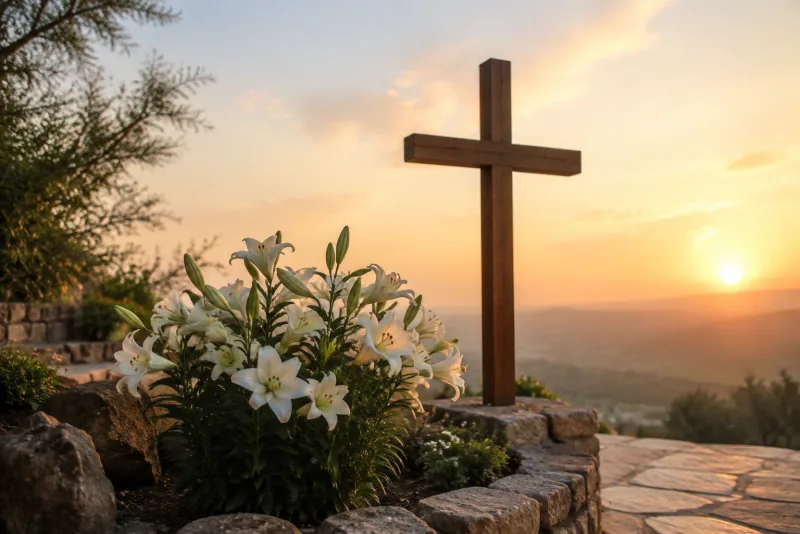 White lilies bloom in a stone garden beside a plain wooden cross at sunrise.
