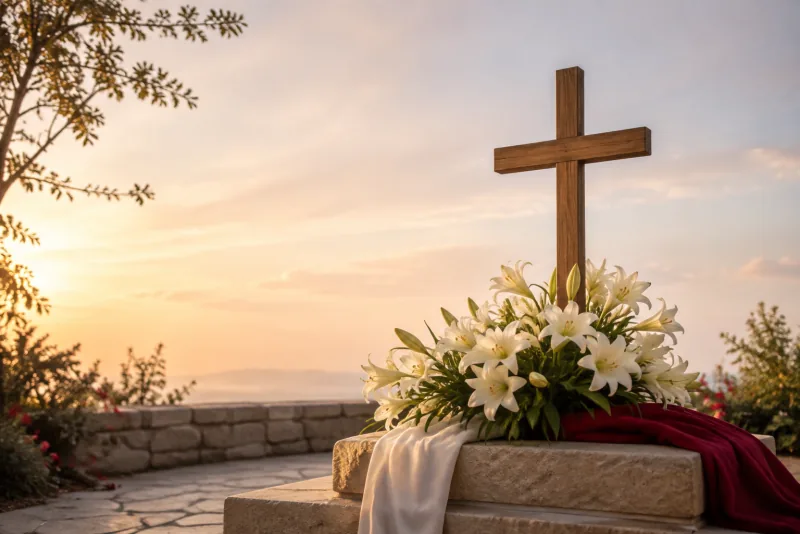 White lilies surround a plain wooden cross on a stone platform at dawn, with white and deep-red cloth below.
