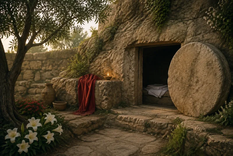 A round stone is rolled beside an open rock-cut tomb, with folded white linen inside and lilies nearby.