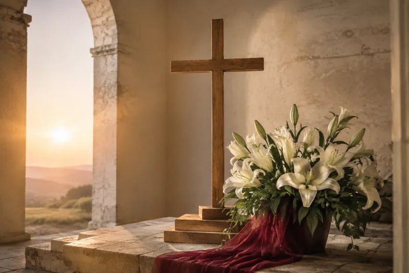 White lilies and deep-red cloth stand beside a plain wooden cross on a stone ledge in the soft light of sunrise.