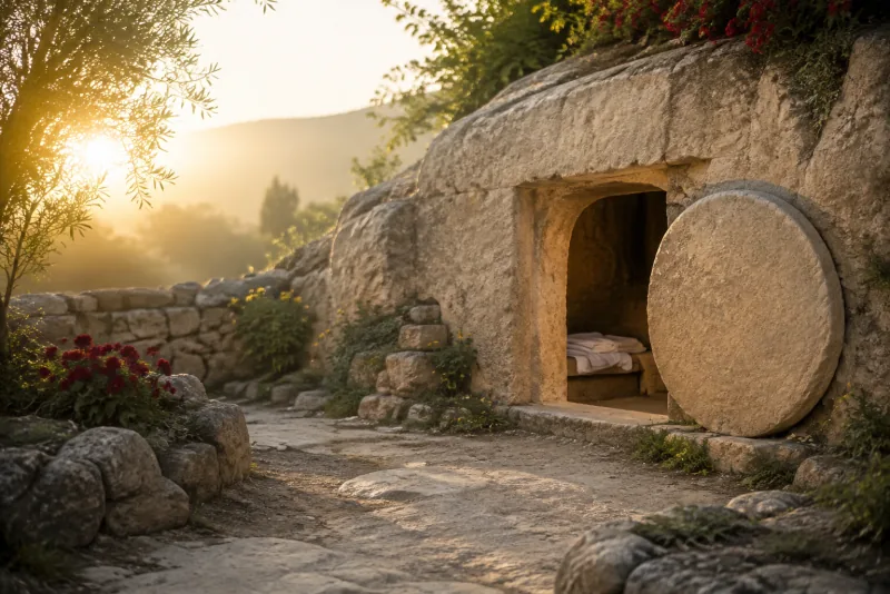 Folded white linen lies inside an open rock-cut tomb beside a round stone in warm morning light.