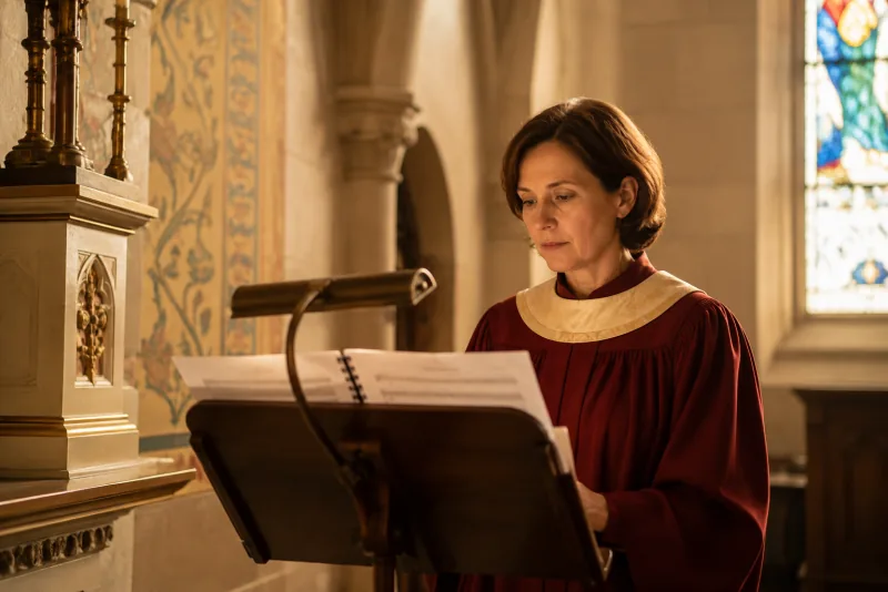 A choir member in a deep-red robe studies blurred sheet music on a stand in a warmly lit church.