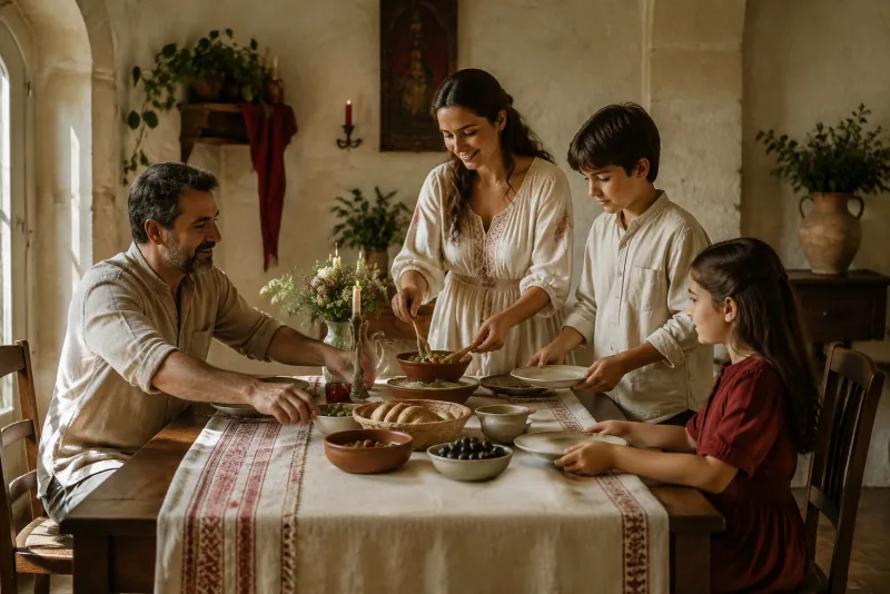 A family helps prepare a shared meal around a wooden table.