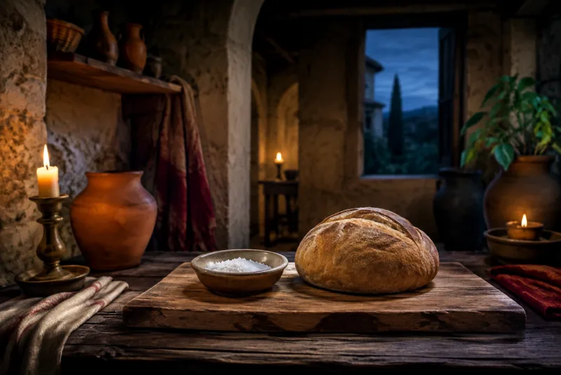 A small bowl of coarse salt and a round loaf rest on a rustic kitchen board in candlelight.
