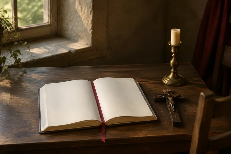 A blank prayer journal, wooden crucifix, and brass candle holder rest on a quiet retreat desk.