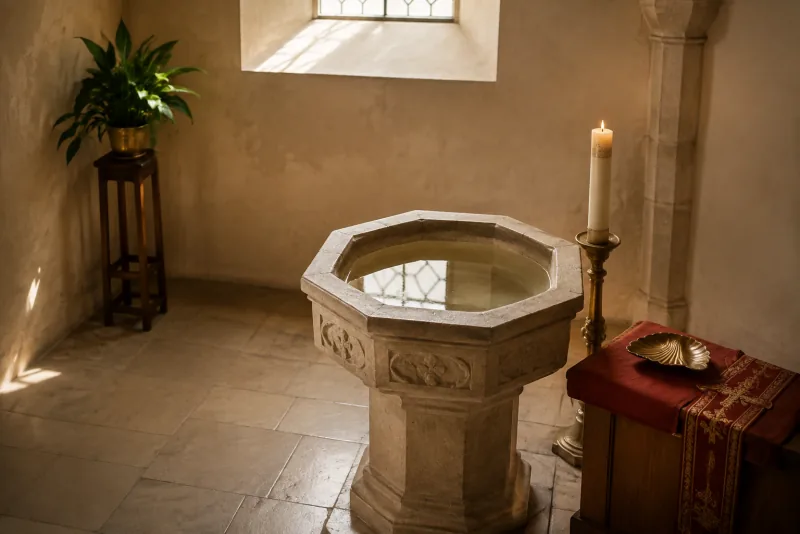 A stone baptismal font reflects a high window beside a candle and brass baptismal shell.