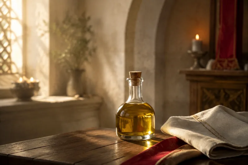 A corked glass bottle of golden olive oil catches window light beside folded ivory linen.