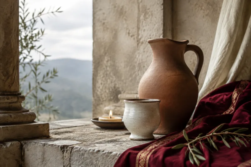 A clay pitcher and ivory ceramic cup rest on a rough stone sill beside a lit candle and red cloth.