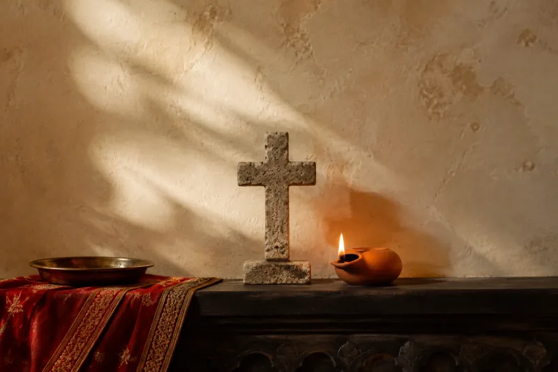 An earthen oil lamp burns beside a plain stone cross and red cloth on a dark wooden shelf.