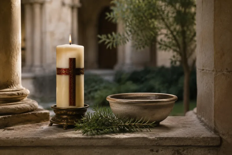 A lit ivory candle, rosemary sprigs and a ceramic bowl sit on a stone ledge.