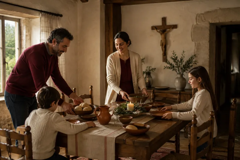 Parents and two children set bread and bowls on a shared meal table around a small candle.