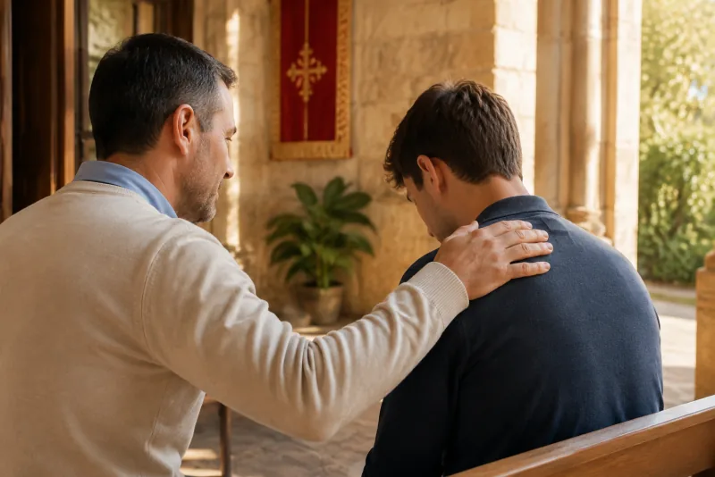 An adult rests a reassuring hand on a friend's shoulder on a sunlit parish porch.