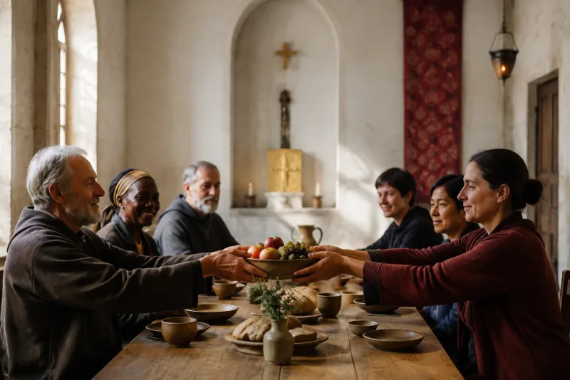 Adults pass a bowl of apples and grapes across a community meal table in soft window light.