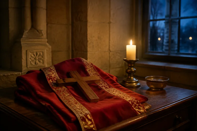 A wooden cross rests on folded red-and-gold cloth beside a candle at dusk.