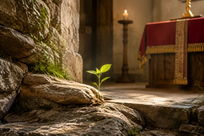 A green seedling grows between weathered stones near a chapel altar in soft sunlight.