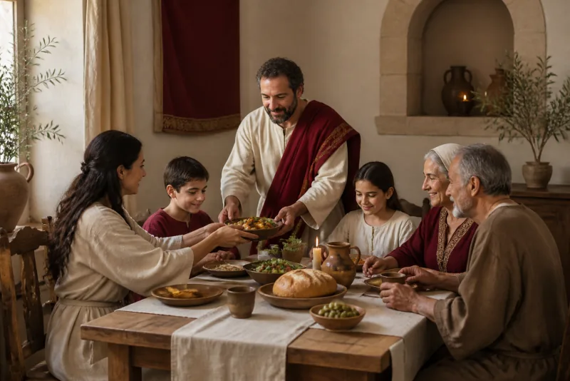 Several generations of a family share food around a wooden table.