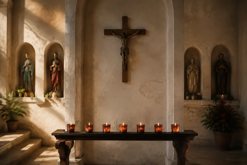 Seven votive candles burn beneath a crucifix, with saint statues in chapel niches behind them.