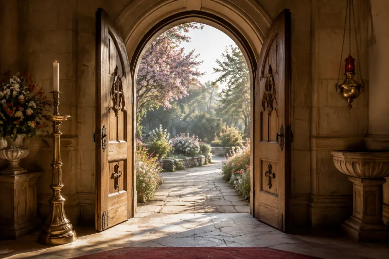 Open wooden church doors reveal a sunlit garden path lined with pink and white flowers.