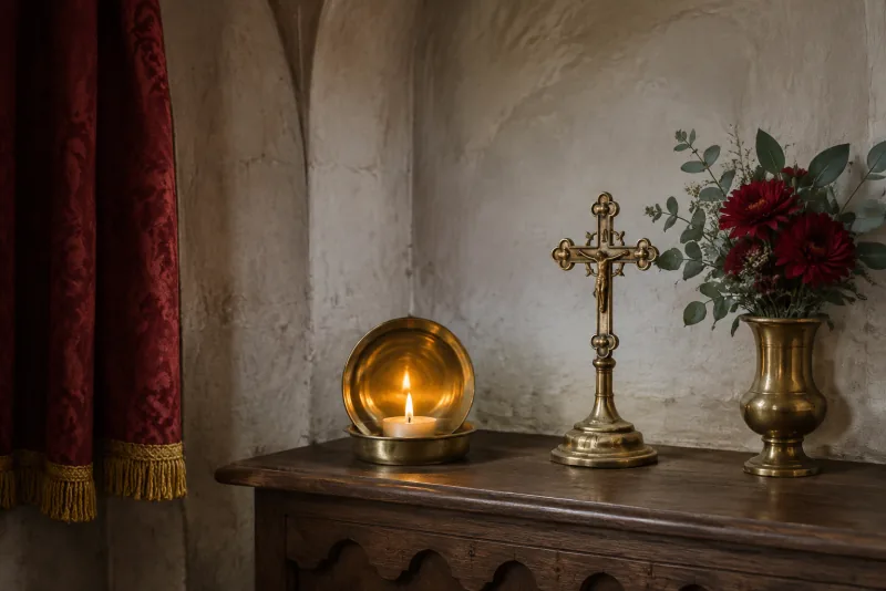 A candle flame reflects in a round brass holder beside a small crucifix.