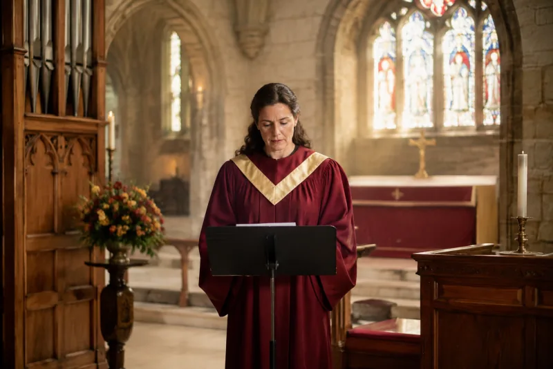 A choir member in a burgundy robe with a gold collar prepares behind a music stand in a stone church.