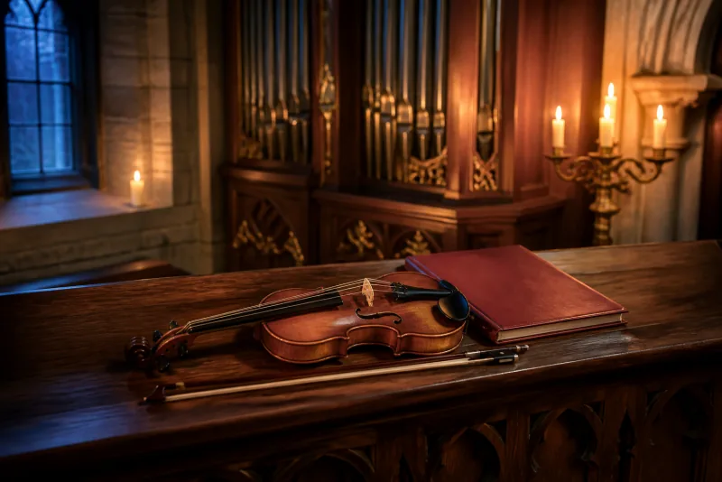 A violin and bow rest beside a closed red choir folder in a candlelit church loft.